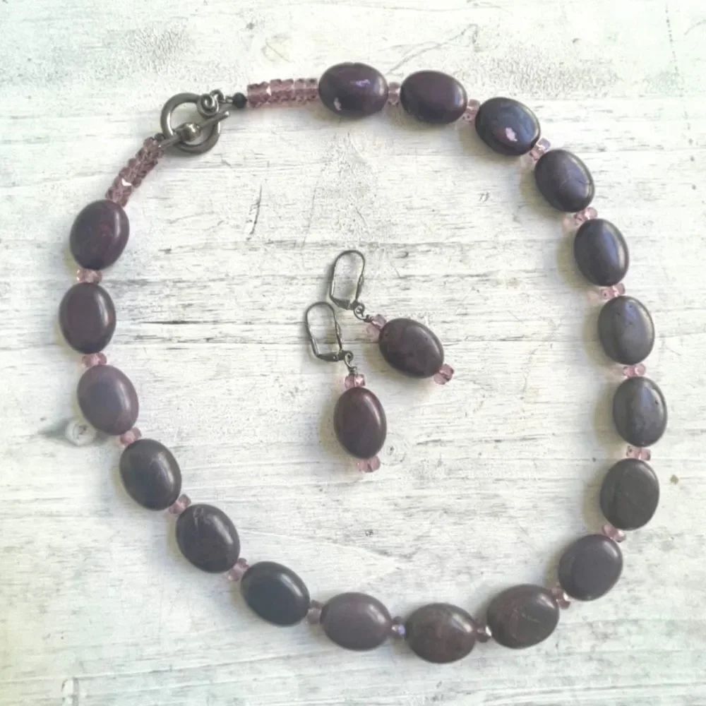Aubergine Jade and Czech glass antique silver plate necklace and earrings set